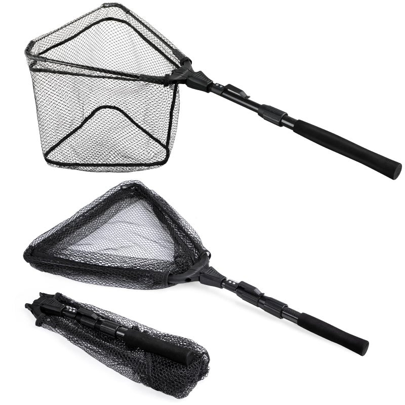 PLUSINNO Fishing Net Fish Floating Landing Net, Kayak Nets with Fixed Foldable Telescopic Pole Handle,Bass Trout Fishing Nets with Nylon Mesh for Pond Lake River,Fishing Gear Gifts for Men,Black 1.0M - Image 1